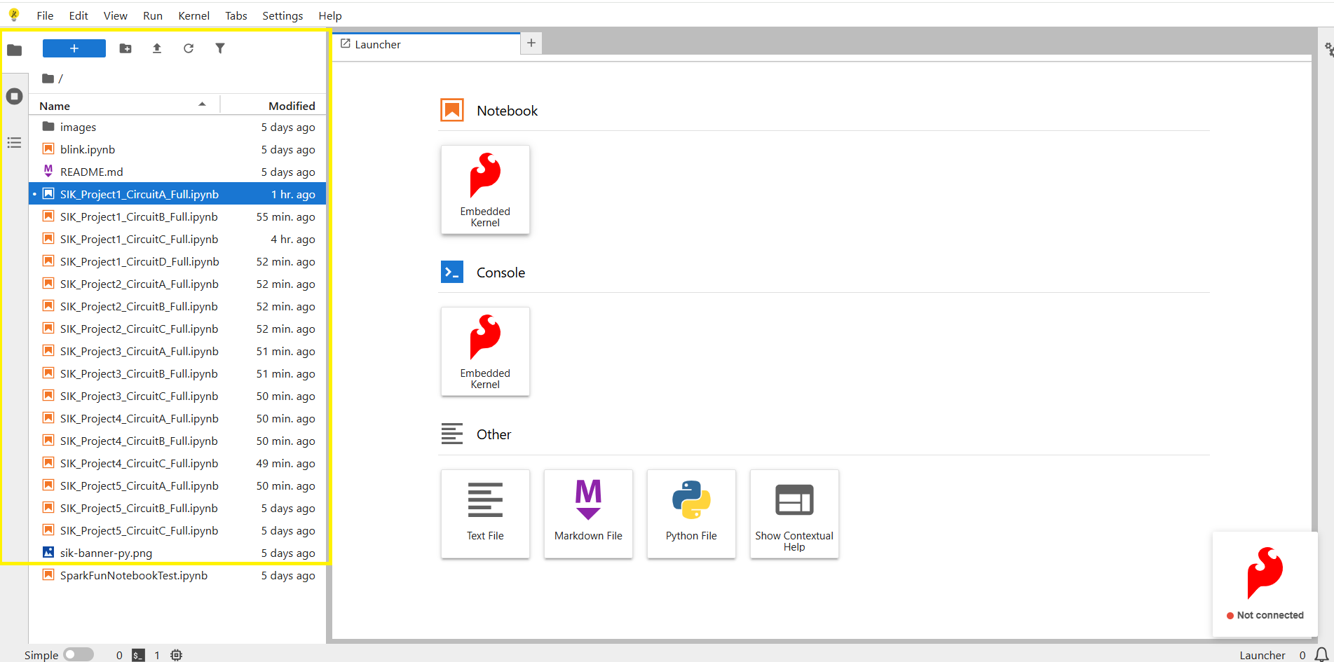 JupyterLite file explorer view
