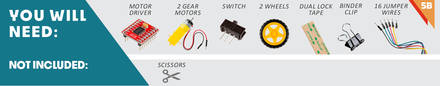 motor driver, 2 gear motors, switch, 2 wheels, dual lock tape, binder lock tape, binder clip, 16 jumper wires